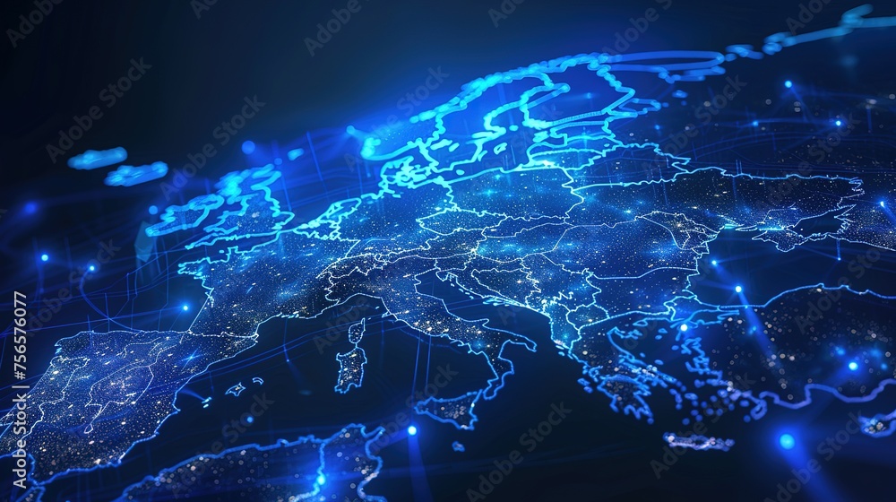 Abstract digital map of Western Europe, concept of European global network and connectivity, data transfer --ar 16:9 Job ID: fc56b31b-2b60-45cc-b2f7-8c35e6e5df14 - obrazy, fototapety, plakaty 