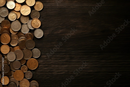 A multitude of coins is neatly stacked on a table, capturing the intriguing allure of currency and wealth.