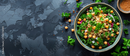 bowl with fresh organic homemade couscous salad with herbs mint parsley lemon chickpeas as healthy diet food dish recipe mediterranean appetizer in studio magazine editorial close up with copy space 