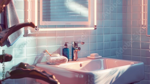 Aesthetic bathroom corner with tiled walls and stylish personal care products under warm lighting