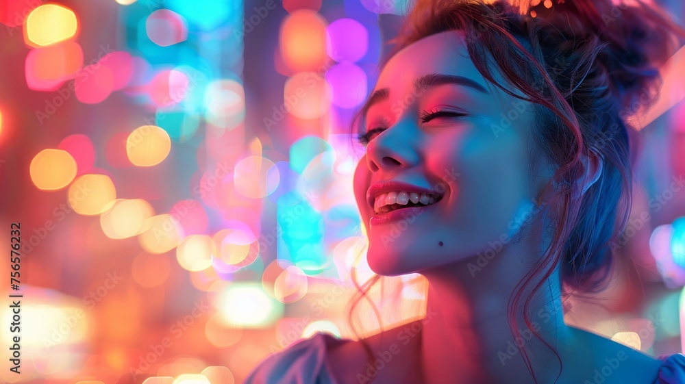 Radiant woman in neon lights embracing life with a joyful expression and printed media Radiant woman in neon lights embracing life with a joyful expression and printed media
