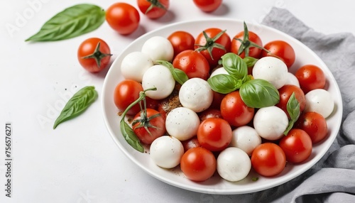 Home made healthy meal concept cherry tomatoes, mozzarella balls, spices and fresh basil