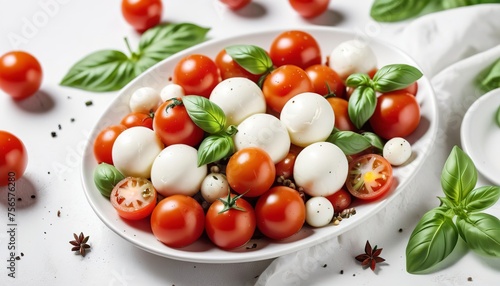 Home made healthy meal concept cherry tomatoes, mozzarella balls, spices and fresh basil
