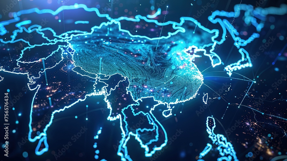 Digital map of China, concept of global network and connectivity Digital map of China, concept of global network and connectivity