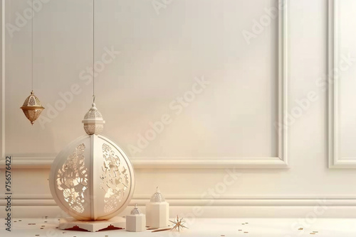 3D Lantern Ramadan Islamic Theme Background with Simple and Clean Design, Featuring a Small Decoration in the Corner, White Color Palette, and Cream Wallpaper