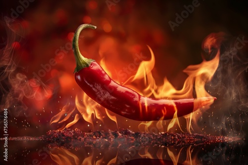 Fiery chili pepper engulfed in flames and smoke