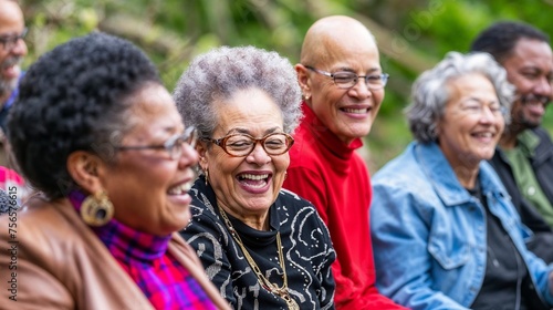 Joyful gathering of senior friends laughing together, epitomizing hopecore in a lush garden setting