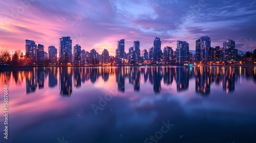 City skyline reflected in the mirror like surface of a calm lake twilight enhancing its beauty