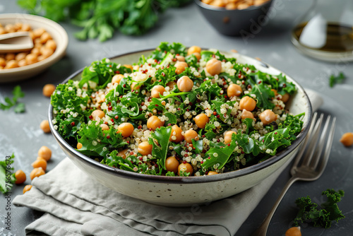 bowl with fresh organic homemade couscous salad with herbs mint parsley lemon chickpeas as healthy diet food dish recipe mediterranean appetizer in studio magazine editorial close up with copy space 