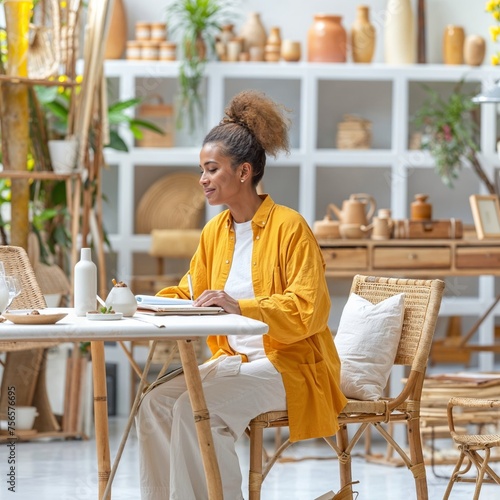 Entrepreneur creatively arranging a modern store, embodying hopecore optimism in a natural light-filled space photo