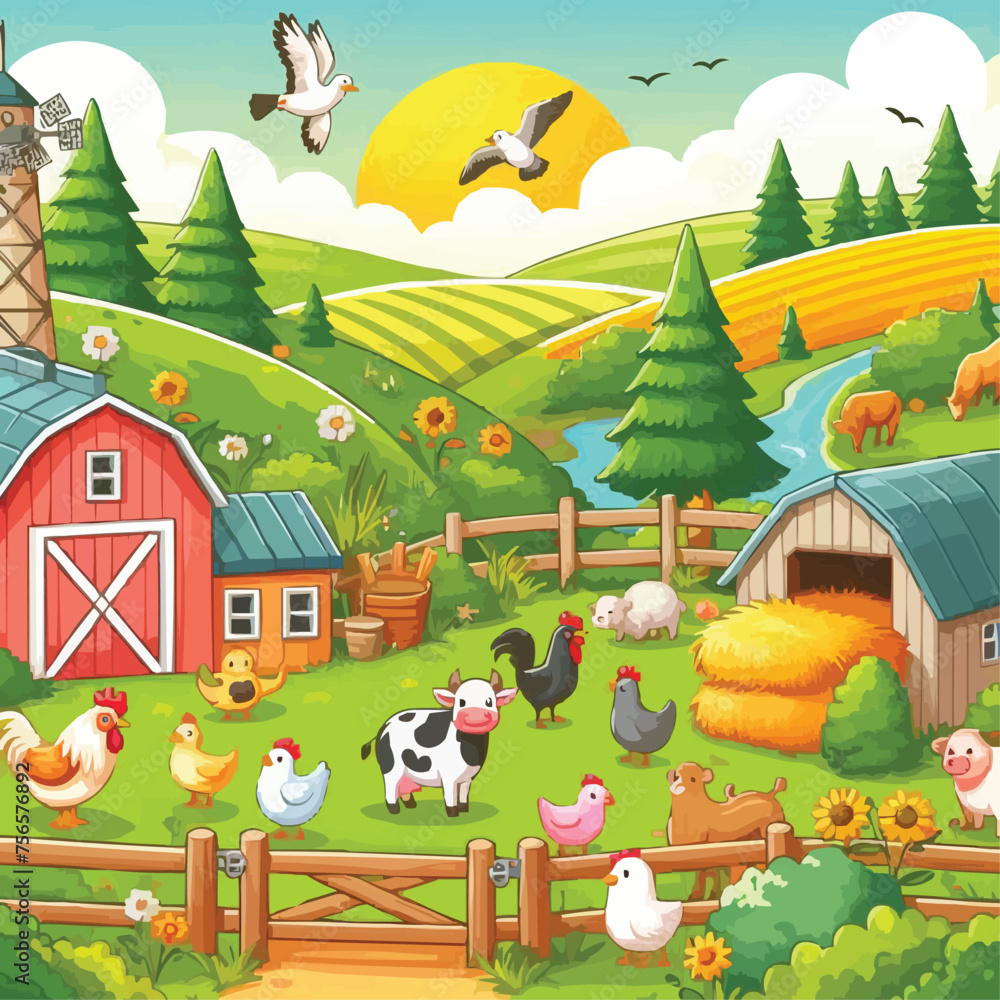 Fototapeta premium Landscape with farm animals vector illustration