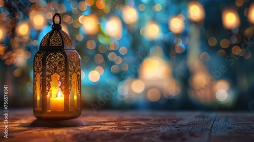 lantern with a candle inside sitting on Islamic blurred mosque with bokeh in the background for eid al fitr and adha space for text photo