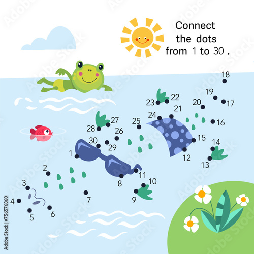 Dot to dot. Connect the dots from 1 to 30. Puzzle game for kids. Cute crocodile in summer. Vector illustration