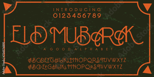 modern Eid Mubarak vintage grunge distress bold font with dirty noise texture. Old letters on rusted background. Typography urban style alphabet fonts for fashion, sports, movie, logo design. Vecotr