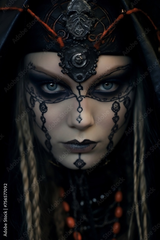Black and White Makeup Design Woman with Horns in Black Robe and Headdress
