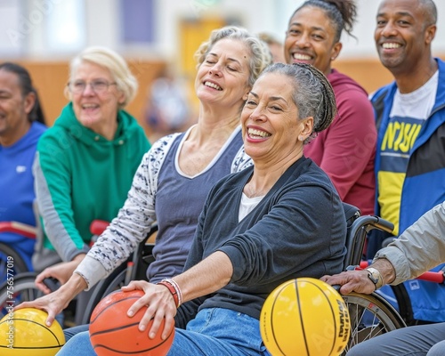 Empowering inclusive sports event with joyful participants of various ages engaging in wheelchair basketball, highlighting the vitality of an active lifestyle for all