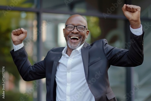 Successful businessman concept, mature african american man outside office building smiling and happy celebrating victory and triumph, boss in business suit jumping and dancing, Generative AI