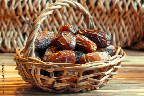 Delicious and Nutritious Dates in a Wooden Basket  Symbolizing Ramadan Hospitality and a Healthy Meal with Authenticity and Generosity