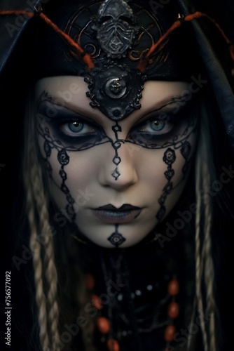 Black and White Makeup Design Woman with Horns in Black Robe and Headdress 