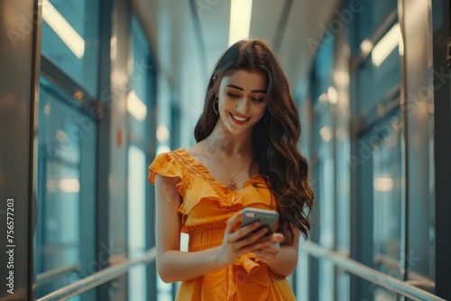 Young beautiful Inian woman stands in the office corridor of the hall, uses the phone, smiles, reads a message, types a text message, browses the Internet. Generative AI