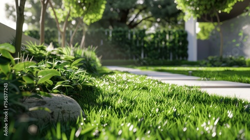 Photo-realistic, Various types of lush, well-manicured synthetic grass