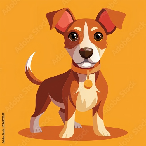 Close-up of vector dog with brown and white hair and big ears  he is wearing orange collar with round badge  standing on four paws on orange background