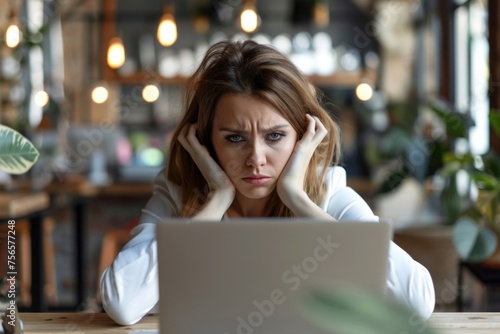 Dissatisfied and upset woman at workplace looking at laptop screen, business woman received error and refusal of online banking transaction, female worker disappointed inside office. Generative AI