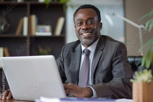 African american manager inside office at workplace, man working using laptop smiling and happy with achievement results and financial money, boss in business suit typing on keyboard, Generative AI