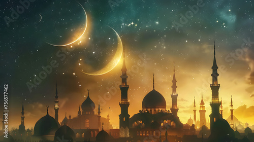 Ramadan Kareem greeting photo with serene mosque background with beautiful glowing lantern.