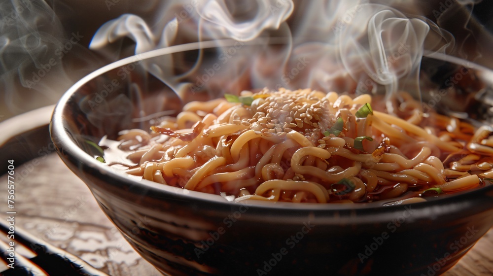 Delicious bowl of steaming ramen noodles swirling in rich broth inviting with every steam curl Delicious bowl of steaming ramen noodles swirling in rich broth inviting with every steam curl