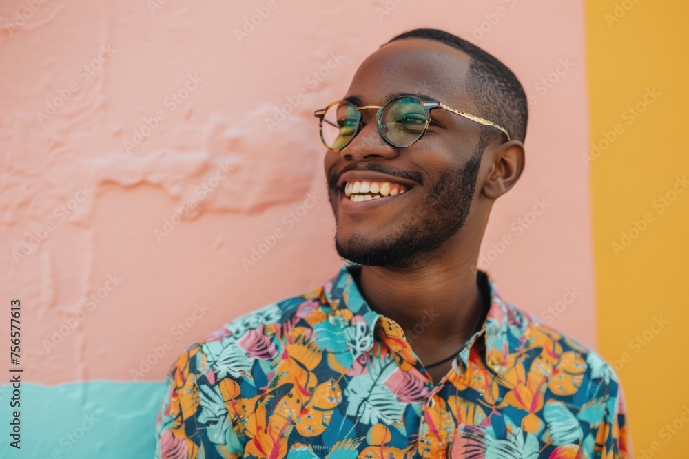 portrait photo, candid, 25yr old smiling alternative man, colorful clothes, Happy confident portrait photo, candid, 25yr old smiling alternative man, colorful clothes, Happy confident