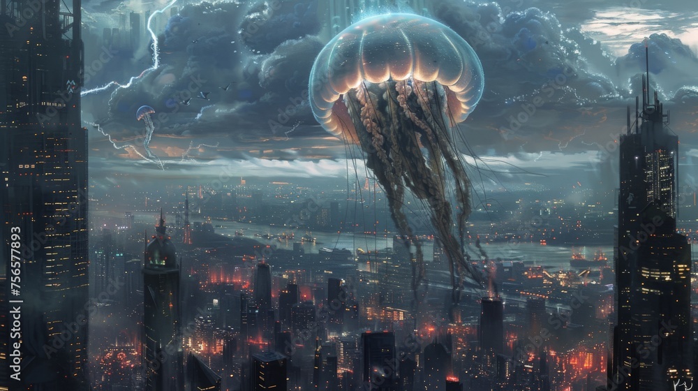 a giant jellyfish enveloping the sky over a desolate future cityscape, futuristic alien - obrazy, fototapety, plakaty 