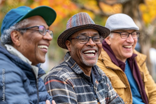 Joyful camaraderie among diverse elderly men discussing life and andropause in a vibrant autumn setting, exuding optimism and togetherness