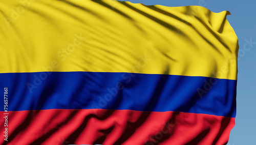 Close-up of the national flag of Colombia flutters in the wind on a sunny day photo