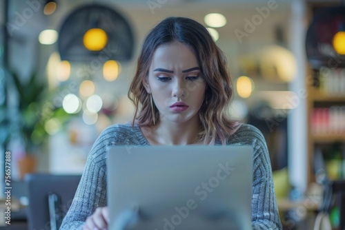 Sad and unhappy woman inside workplace office with laptop holding bank credit card, businesswoman cheated got negative account balance and online money transfer error. Generative AI
