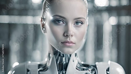 portrait of Artificial Intelligence with a female face. Futuristic human body andriod photo