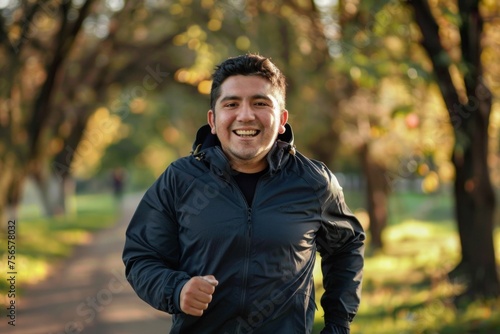 Cheerful and successful hispanic man jogging in the park, man running on a sunny day, smiling and happy having an outdoor activity, Generative AI