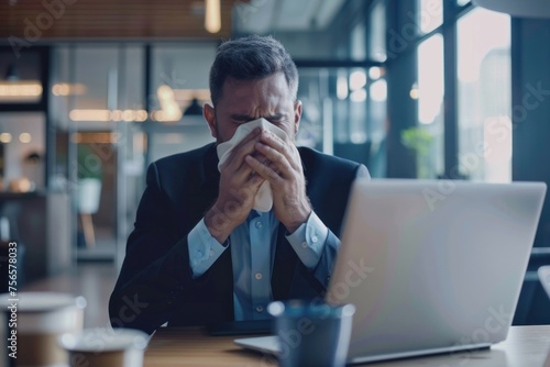 Sick businessman coughing inside office at workplace, man in business suit working with laptop, cold with flu, Generative AI photo
