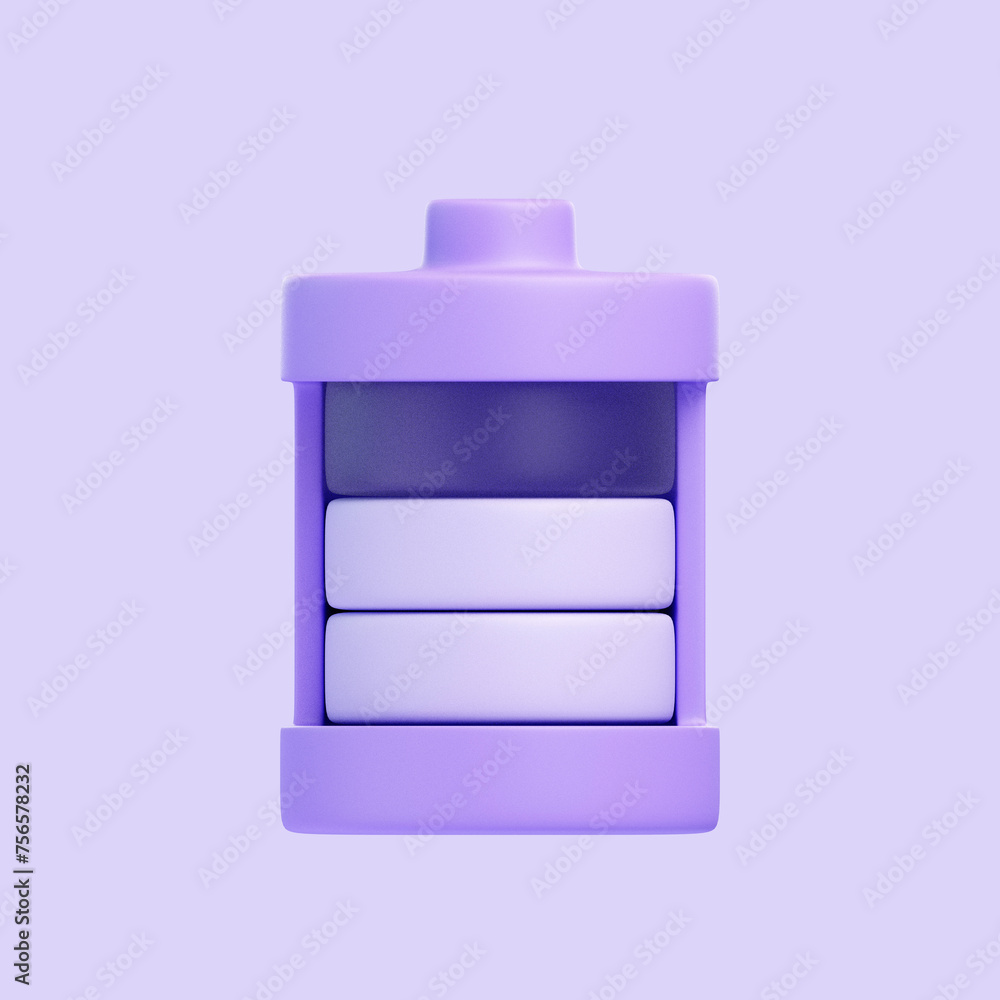 A battery level indicator with a gradient from white to deep purple, symbolizing charge and energy. Icon, sign and symbol. Front view. 3D Render illustration A battery level indicator with a gradient from white to deep purple, symbolizing charge and energy. Icon, sign and symbol. Front view. 3D Render illustration