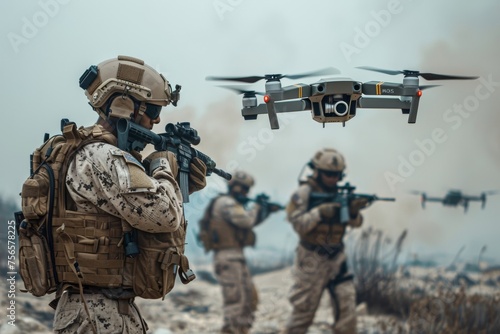 Marines working with drones to secure area in tactical military operation