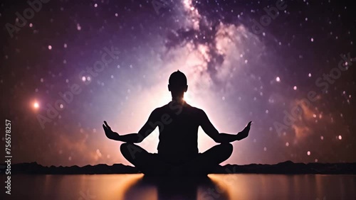 Silhouette of a man in yoga pose on the background of the universe. A state of trance and deep meditation. A spiritual journey in the universe. Abstract chakra meditation energy footage photo