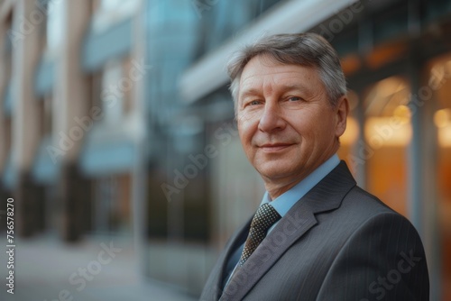 Portrait of senior handsome businessman man with gray hair and brown hair in business suit with tie. Near the office center, looks at the camera, Generative AI