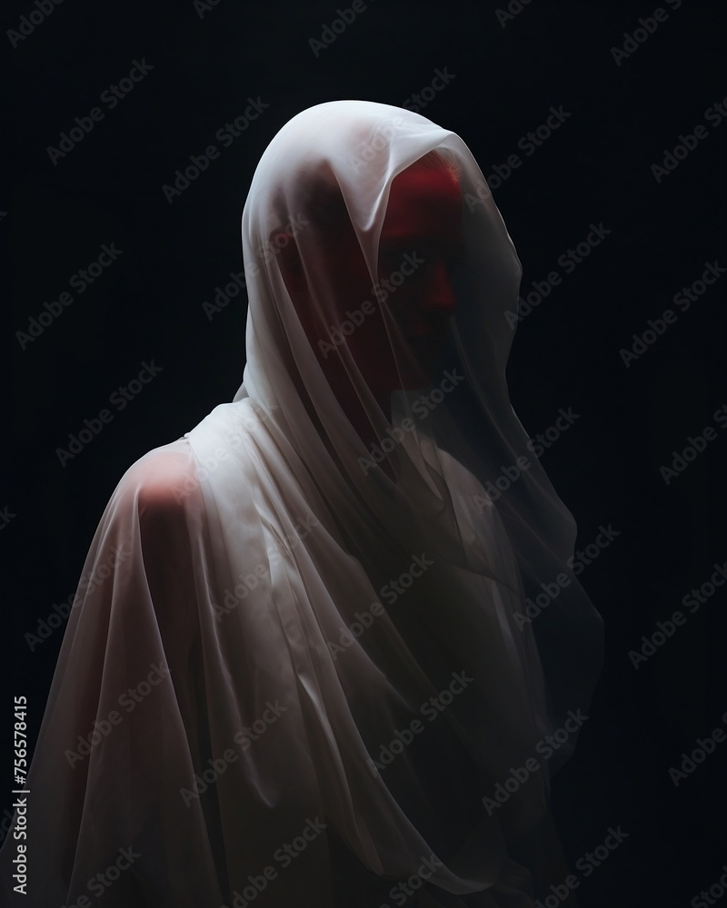 Woman in White Veil with Red Makeup
Woman in White Veil with Red Makeup