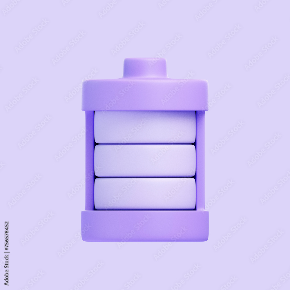 A battery icon in shades of purple, with a minimalist and modern aesthetic. Icon, sign and symbol. Front view. 3D Render illustration A battery icon in shades of purple, with a minimalist and modern aesthetic. Icon, sign and symbol. Front view. 3D Render illustration