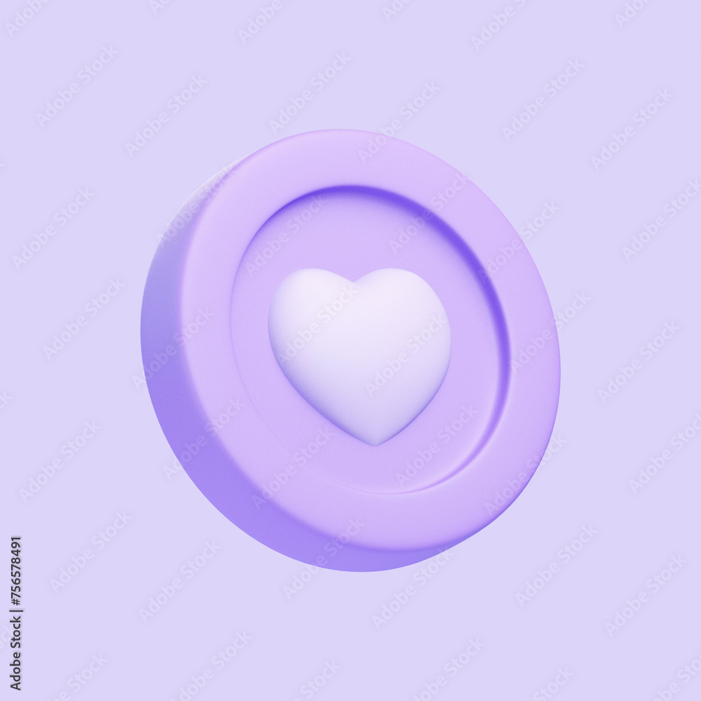 Coin with heart isolated on purple background. 3D icon, sign and symbol. Cartoon minimal style. Side view. 3D Render Illustration Coin with heart isolated on purple background. 3D icon, sign and symbol. Cartoon minimal style. Side view. 3D Render Illustration