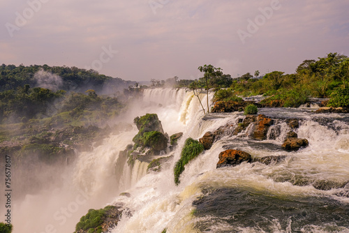 Iguazu Falls is a series of waterfalls on the border of Brazil and Argentina. 
