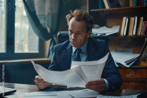 Serious pensive businessman behind paperwork, financier looking at documents, papers and contracts, thinking about solutions to set tasks, man inside office in business suit with laptop. Generative AI photo