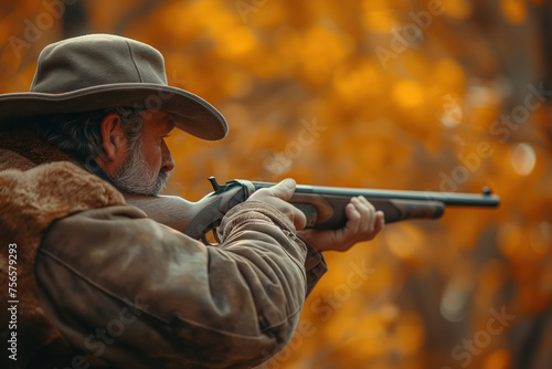 Senior Caucasian man in a hat holds a gun in his hands, a hunter engaged in his hobby