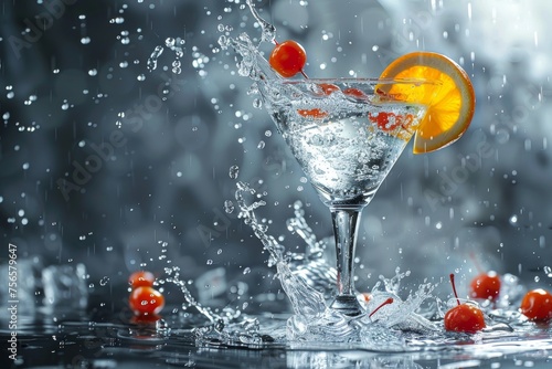 Elegant martini glass with a splash and fruit garnish against a dark backdrop