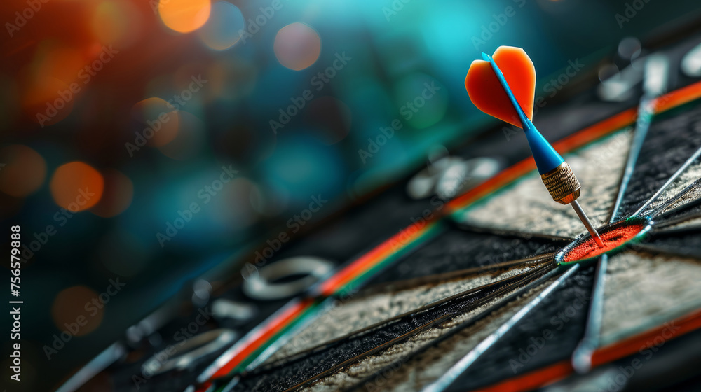 Close-up of dart hitting the bullseye on a dartboard, symbolizing precision and success. Close-up of dart hitting the bullseye on a dartboard, symbolizing precision and success.